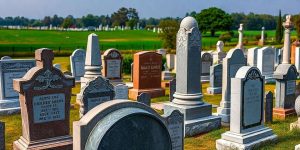 A cemetery with several gravestones of various shapes and sizes. The headstones are surrounded by grass, with a few trees visible in the background under a clear blue sky.