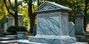 A marble mausoleum stands prominently in a cemetery, surrounded by trees and other gravestones. The mausoleum features elegant carvings and inscriptions, with a peaceful, sunlit setting in the background.