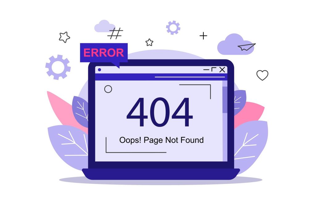 Illustration of a laptop displaying an error message "404 Oops! Page Not Found." The background features decorative elements like gears, leaves, and clouds in soft purple and pink tones.