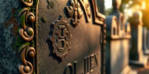 Close-up of an old, ornate tombstone with intricate carvings and moss growing along the edges. The scene is bathed in warm sunlight, casting a serene glow on the detailed stonework. Other tombstones are visible blurred in the background.