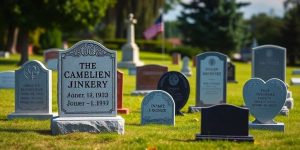A cemetery with various headstones, including a prominent one marked "The Cambien Jinkery," dated 1993. An American flag is visible in the background, and trees surround the area. The grass is well-maintained.