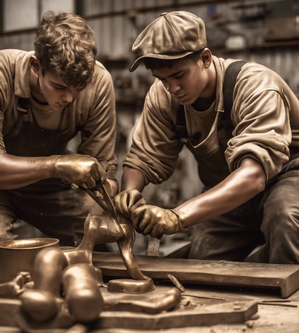 Two men in work attire and gloves focus on sculpting a bronze figure in a workshop. They appear intent on crafting, surrounded by various tools and materials. One wears a flat cap, and both show a sense of collaboration and concentration.